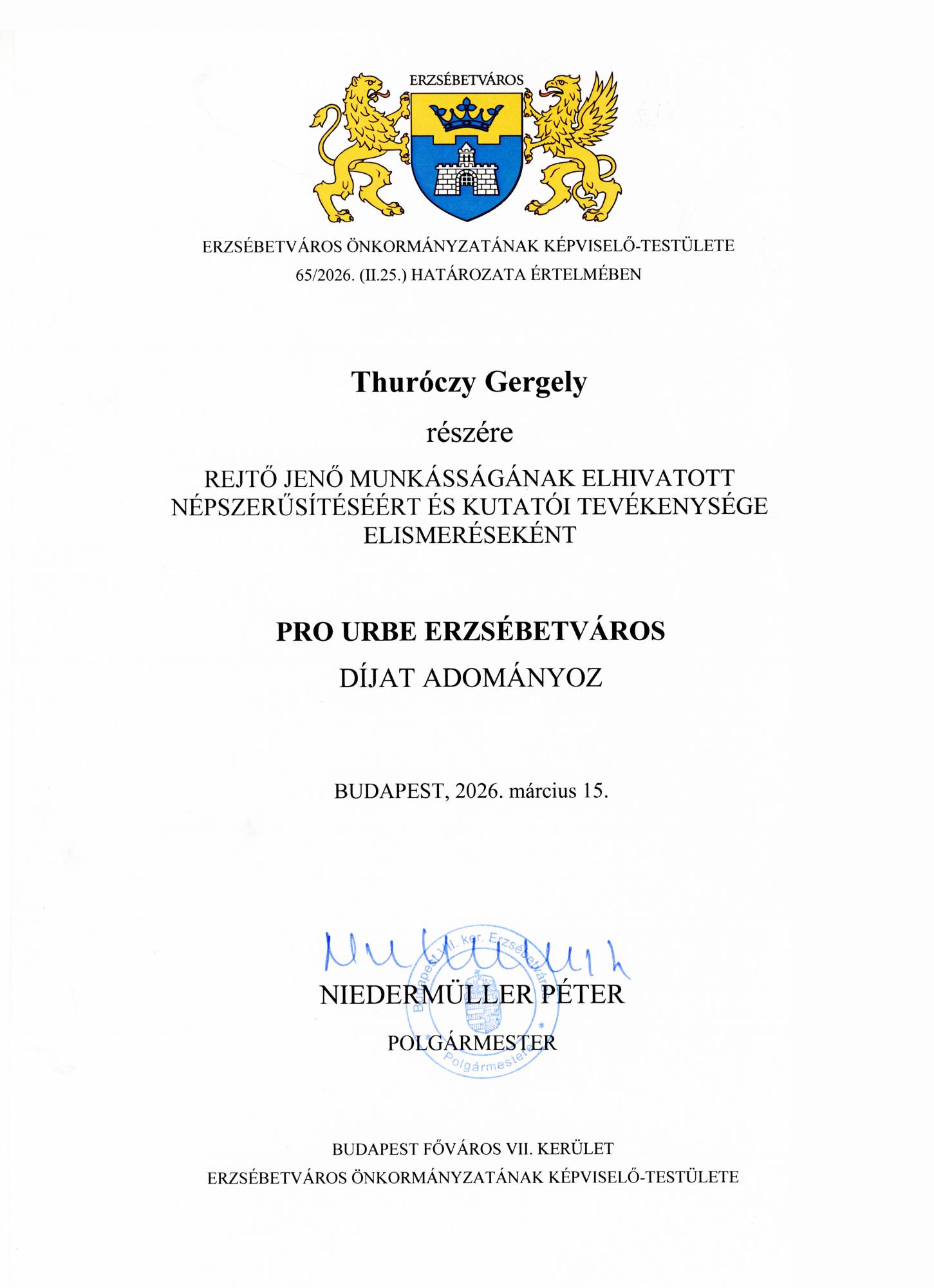 Pro Urbe Erzsébetváros Díj