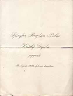 Spiegler Bogdán Bella és Krúdy Gyula jegyesek – ritka kisnyomtatvány 1898-ból. Házasságuk 1919-ig tartott