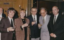MTA Közgyűlés utáni vacsora (Juhász Ferenc és felesége, Lator László, Lengyel Balázs és Domokos Mátyás), 1996. május 9.