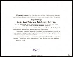 A „legnagyobb magyar” családja által kiadott gyászjelentés: Széchenyi István „élete 68. évében szélhüdésben váratlanul elhunyt…”