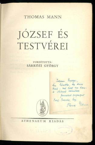 Thomas Mann: József és testvérei Budapest, Athenaeum, 1946. 