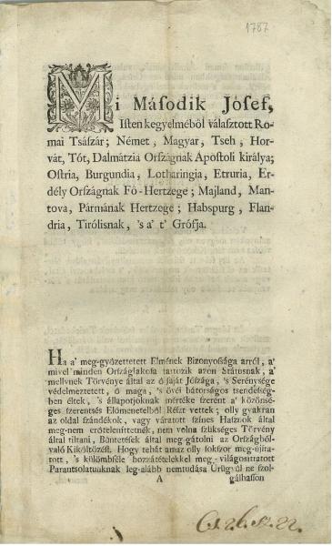 II. József császár 1787-ben hozott rendelete a költözésről, az idegen katonák fogadásáról, a jobbágyok erőszakos elhurcolásáról