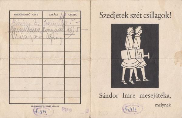 Sándor Imre: Szedjetek szét csillagok! (1926) című mesejátékának megrendelőlapja. A megrendelők között Márai Sándor neve is szerepel