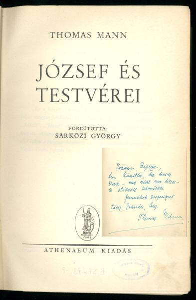 Thomas Mann: József és testvérei Budapest, Athenaeum, 1946. 