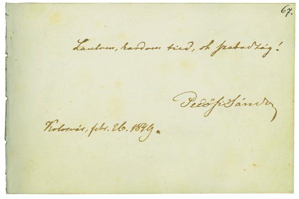 Petőfi Sándor (1823–1849) Lantom, kardom… kezdetű, autográf bejegyzése Burián Pál emlékkönyvébe 